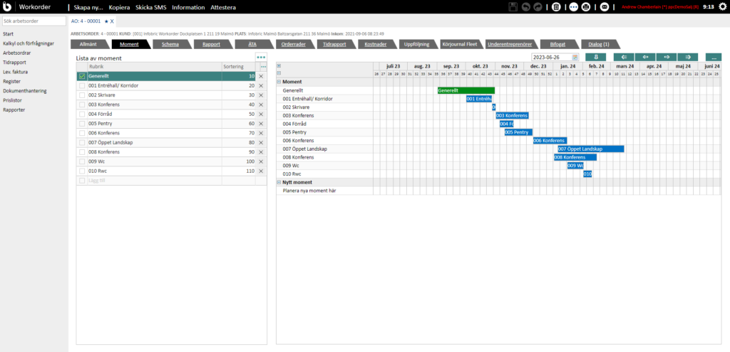 Skärmdump av funktionen för Moment i Gantt-vy i Infobric Workorder