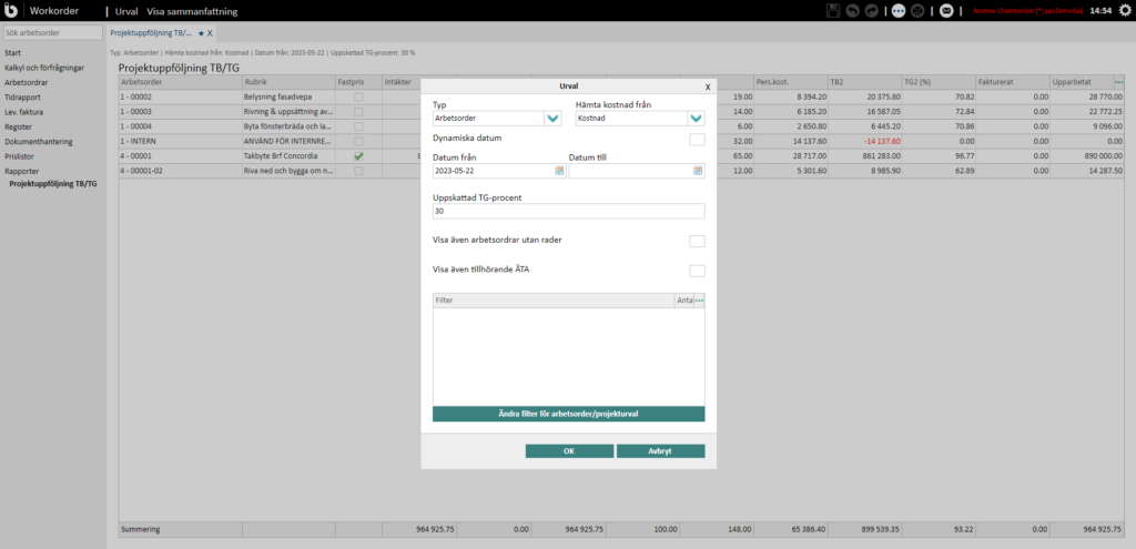 Skärmdump av Projektuppföljning - Urval i Infobric Workorder